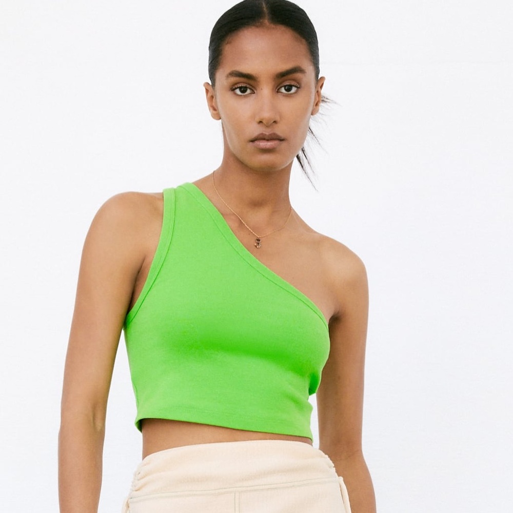 NWT ZARA ASYMMETRICAL ONE SHOULDER TOP GREEN LARGE